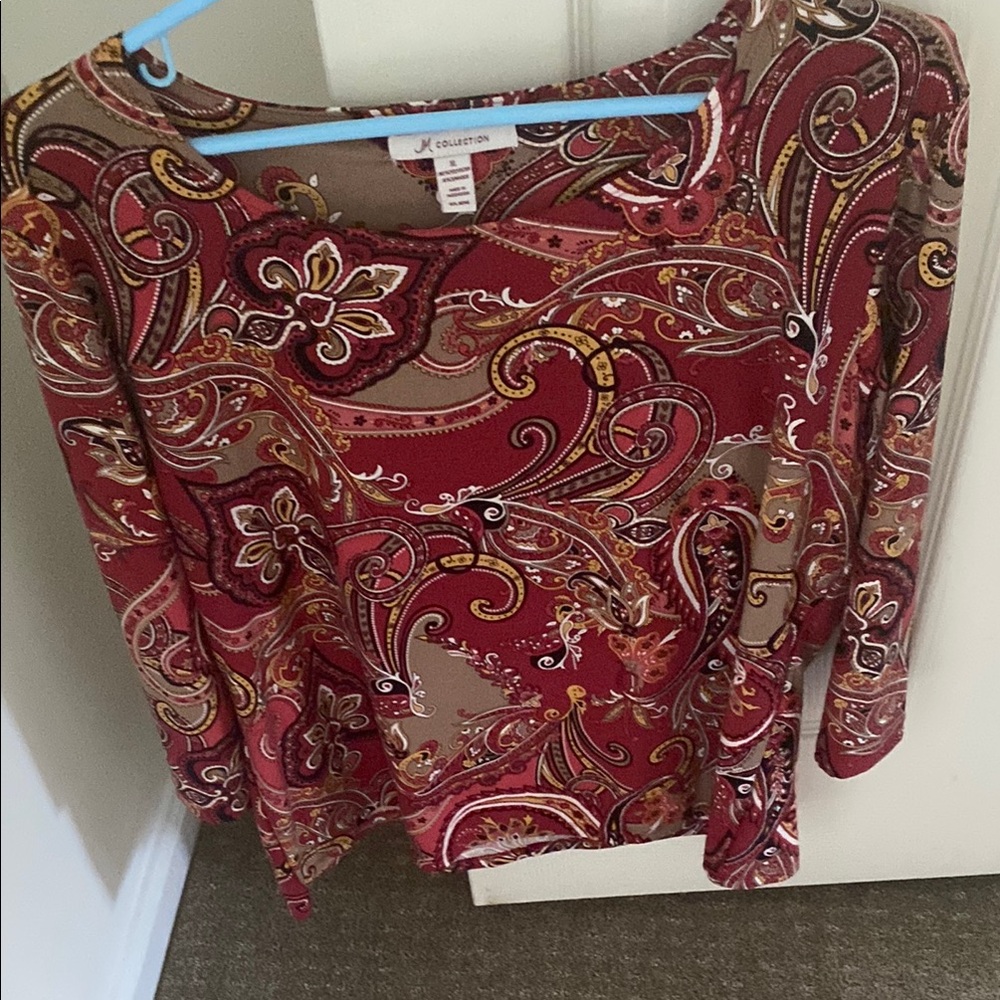 JM Collection Red and Gold Paisley Long Sleeve Blouse